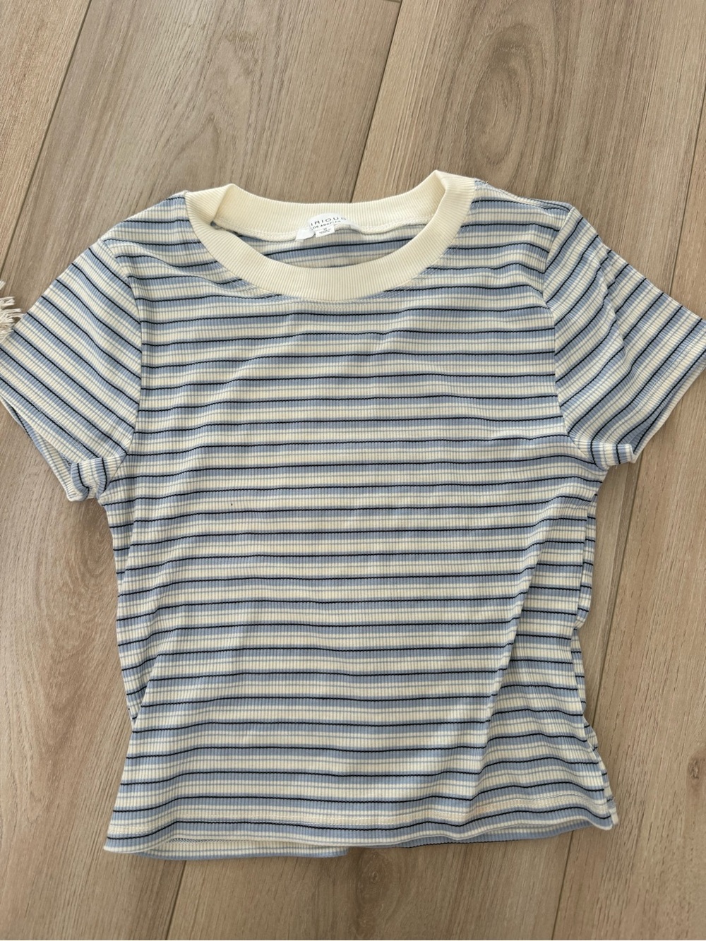 Ribbed Crewneck Short Sleeve Tee in Cream and Blue Stripes